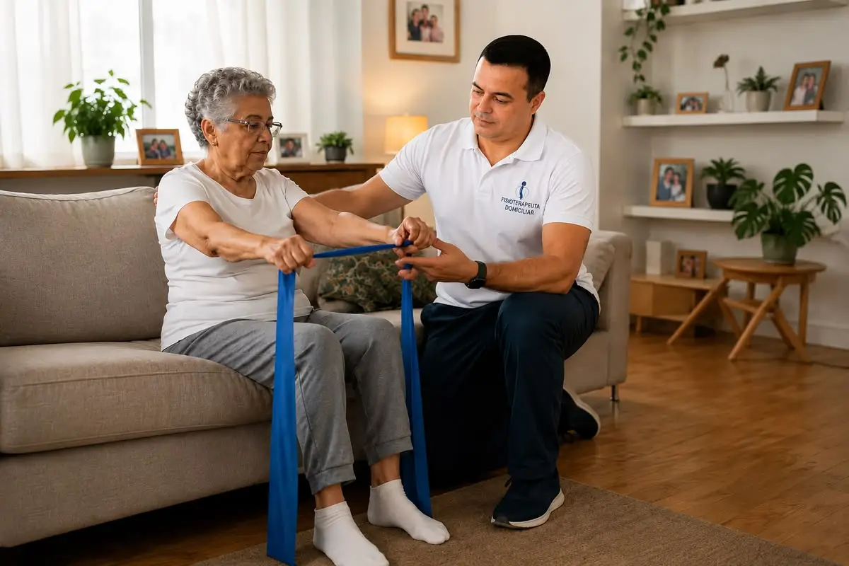 Fisioterapeuta realizando exercícios funcionais com idosa em atendimento domiciliar